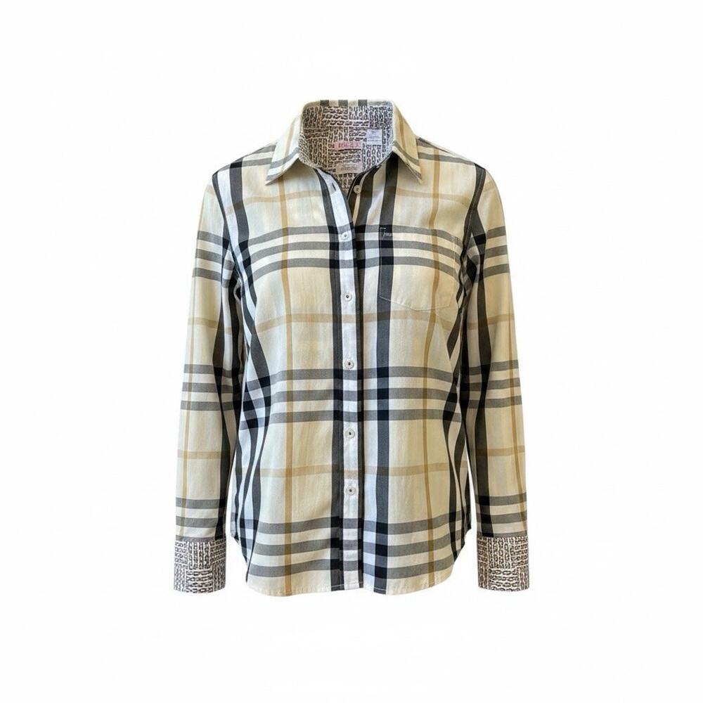 Tizzie Button Down Shirt Plaid Stripe Chains Flip Cuffs Preppy Modern Luxury L - Picture 11 of 14